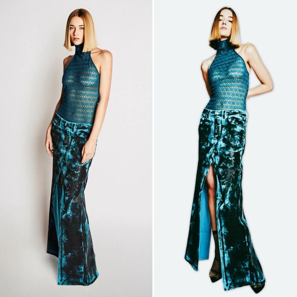 RtA Slit Denim Maxi Skirt Revolve In Ocean Night Teal Dye $595 MSRP size 27